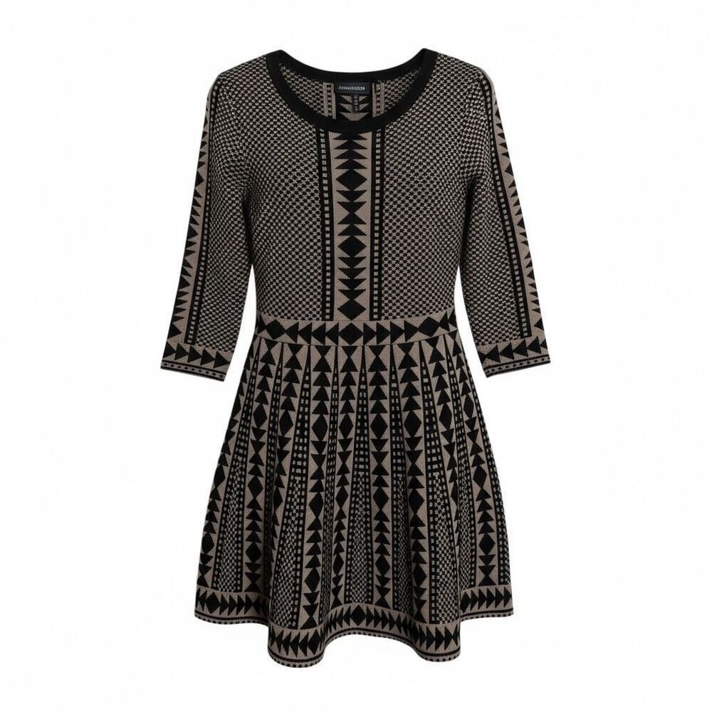 Nina Leonard Geometric Print Knit Fit & Flare Sweater Dress Black White Small